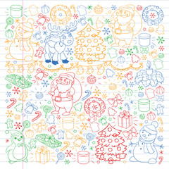 Obraz premium Merry Christmas and happy new year. Santa Claus, deer, snowman, penguin. Vector pattern.