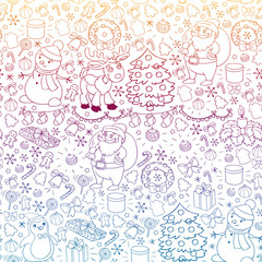 Merry Christmas and happy new year. Santa Claus, deer, snowman, penguin. Vector pattern.