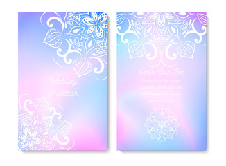 Wedding card or invitation. Lace circular pattern with a iridescent background