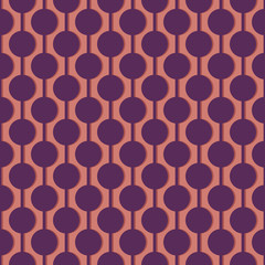 Circles on vertical guide lines with shadows. Seamless abstract pattern. Orange and dark purple.