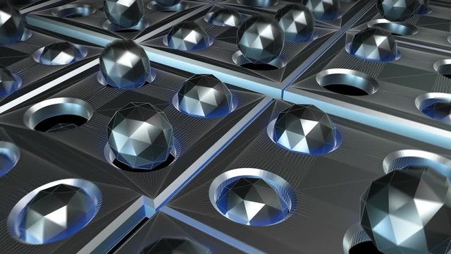 Geometric laser background of lowpoly bouncing balls. Seamless metal retro futuristic animation 