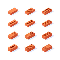 Brick isometric icons in flat style, vector