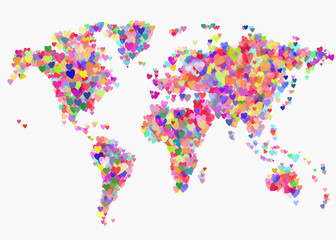 Mapa świata z kolorowymi sercami. Planeta ziemia z symbolem miłości - obrazy, fototapety, plakaty