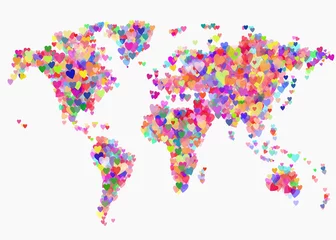 Foto op Canvas Creatieve wereldkaart met kleurrijke harten. Planeet aarde met liefde symbool. Tolerantie, vrede en liefde concept. abstracte illustratie © kopikoo