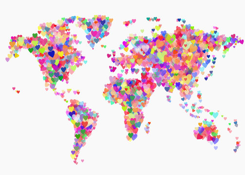 Fototapeta Mapa świata kreatywnego z kolorowymi sercami. Planeta ziemia z symbolem miłości. Koncepcja tolerancji, pokoju i miłości. Streszczenie ilustracji