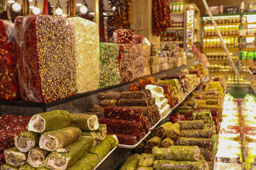 City street trading. Late evening. Local market of products and goods. Kemer, Turkey.