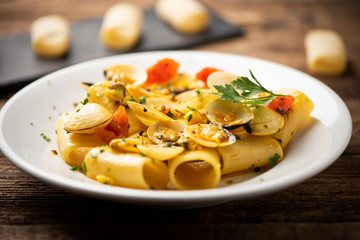 Paccheri pasta with clams on white plate .