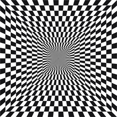 Abstract optical illusion of B&W tunnel out into the distance, black and white geometric pattern, psychedelic, chess board, OP art, Optical art as background pattern - vector, illustration