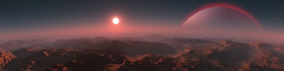 Schilderijen op glas Panorama van een buitenaards landschap. Zonsondergang op Mars. Buitenaardse zonsondergang. 3D-rendering. © ustas