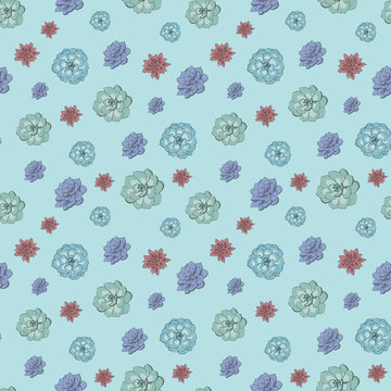 Seamless pattern with small colorful succulents on mint green background