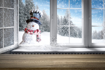 Snowy glittering winter landscape with space for products and decorations. Happy Christmas time.