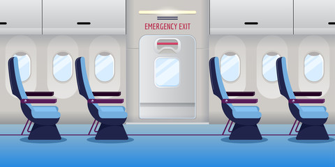 Airplane inside. Empty plane interior with emergency exit door. Vector illustration. Safety aircraft flight concept © Qualit Design