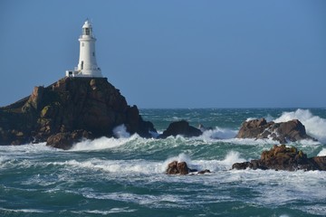 La Corbiere point, lighthouse in storms from the Atlantic.