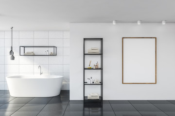 Fototapeta na wymiar White tile bathroom with vertical poster