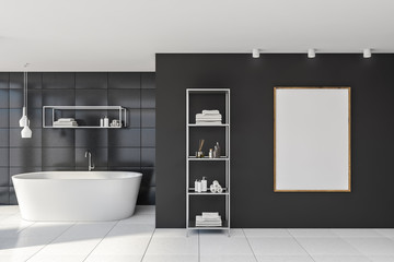 Fototapeta na wymiar Gray tile bathroom with vertical poster