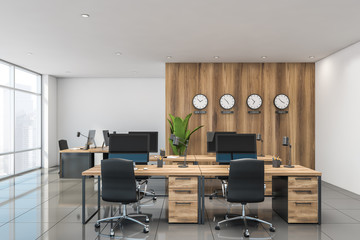 Wooden office interior with clocks