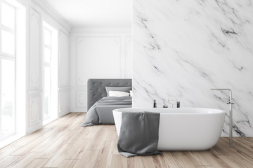 Luxury white marble bedroom and bathroom, tub