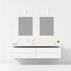 Double sink in white tile bathroom