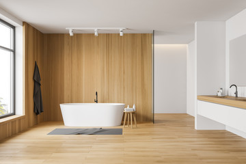 Obraz na płótnie Canvas White and wooden bathroom interior