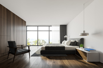 White and wooden king size bedroom, side view