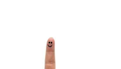 One happy finger painted smile face isolated on white background, space for text