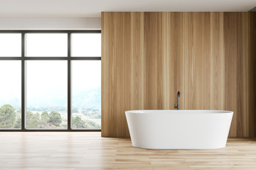 Fototapeta na wymiar Wooden bathroom interior with tub