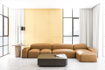 Yellow living room with leather sofa