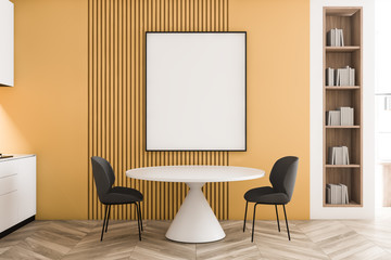 Yellow dining room interior with poster