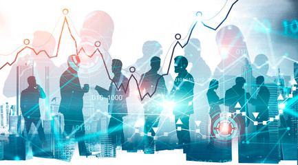 Diverse business people in city, HUD and graph