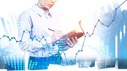 Woman with notebook in city, digital chart