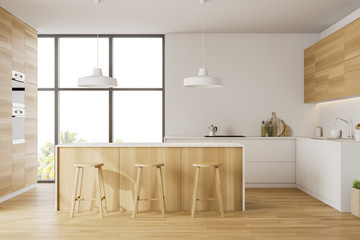 Fototapeta na wymiar White and wooden kitchen with bar