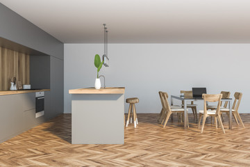 Side view of wooden floor kitchen