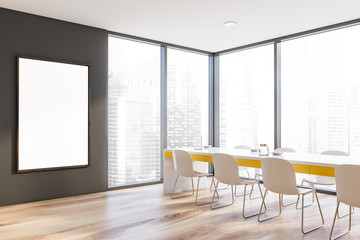 Panoramic gray dining room with poster