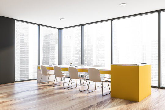 Panoramic gray dining room with yellow table