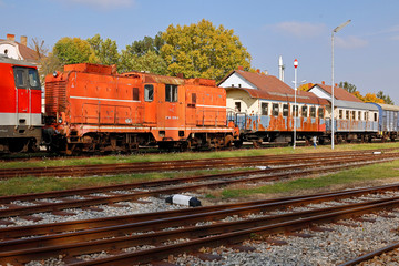 Obraz premium Abgestellte Zugsgarnituren in einem aufgelassenen Bahnhof im Weinviertel