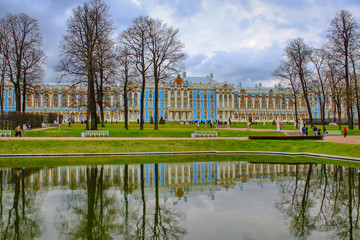 Lake view of the Catherine Palace in Tsarskoye Selo