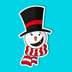 Cheerful funny snowman in a hat and scarf. Colorful sticker. Vector drawing. Isolated object on a blue background. Isolate.