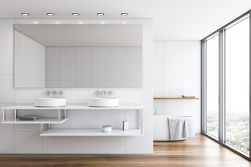 Naklejka na ściany i meble White tile bathroom interior with tub and sink