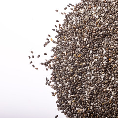 Raw Chia seeds closeup on white background
