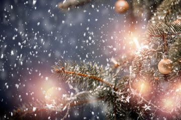 Snowy glittering winter landscape with space for products and decorations. Happy Christmas time.