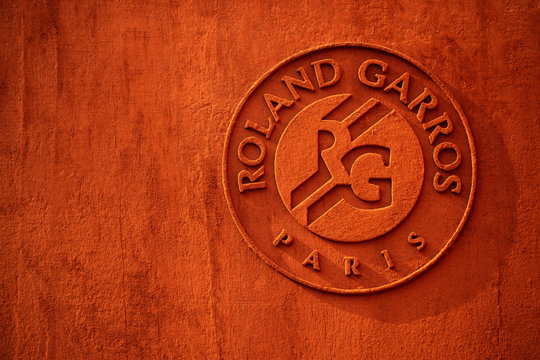 Paris, Tennis French Open 2018, brand, logo of Roland Garros displayed on clay imitating wall inside the stadium