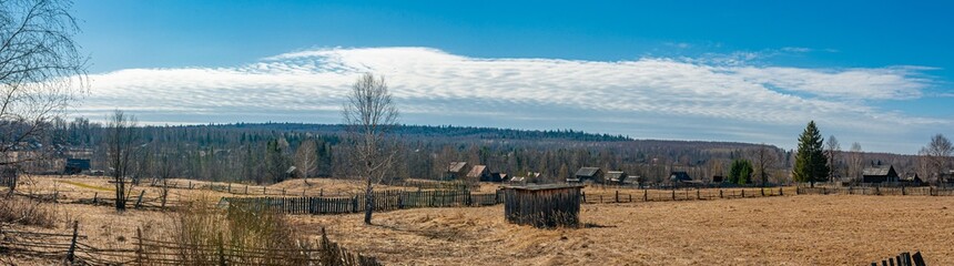 Panorama of a sparsely populated village. Zavyalovsky district, Udmurt Republic, Russia.