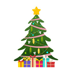 Decorated christmas tree with gifts. Star, decoration balls and  garland lights. Vector illustration isolated on white background.