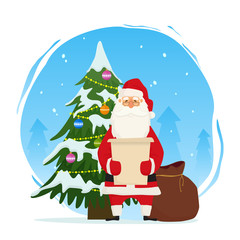 Santa Claus standing with Christmas tree and reading letter. Vector illustration on white background for holiday Xmas and New Year.