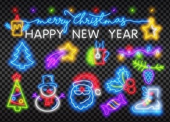 Christmas icon set. Merry Christmas and Happy New Year. Set neon icon, label, emblem. Bright signboard, light banner. Vector illustration
