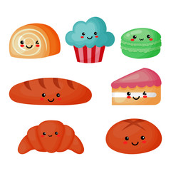 set of cute funny sweet and dessert icons kawaii style isolated on white background. illustration vector. 