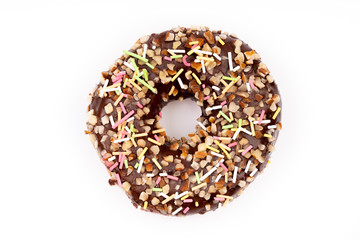 Delicious sweet donuts on white background