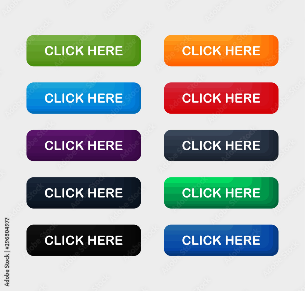 Wall mural click here colorful button set. icons web isolated on white background. vector illustration.