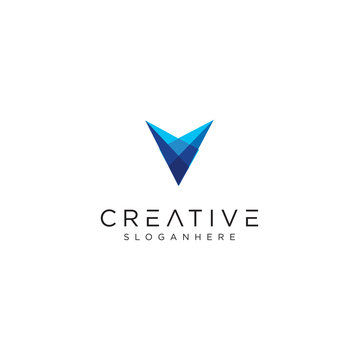 V tech Logo Design Vector . Letter V Abstract Triangle Logo blue design vector template . Triangle ribbon polygon Logotype concept icon.