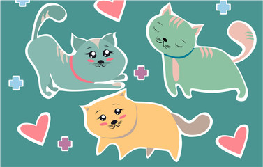 Cute, funny Cats stickers in Kawaii style with hearts on a green background. Set of cats badges, patches